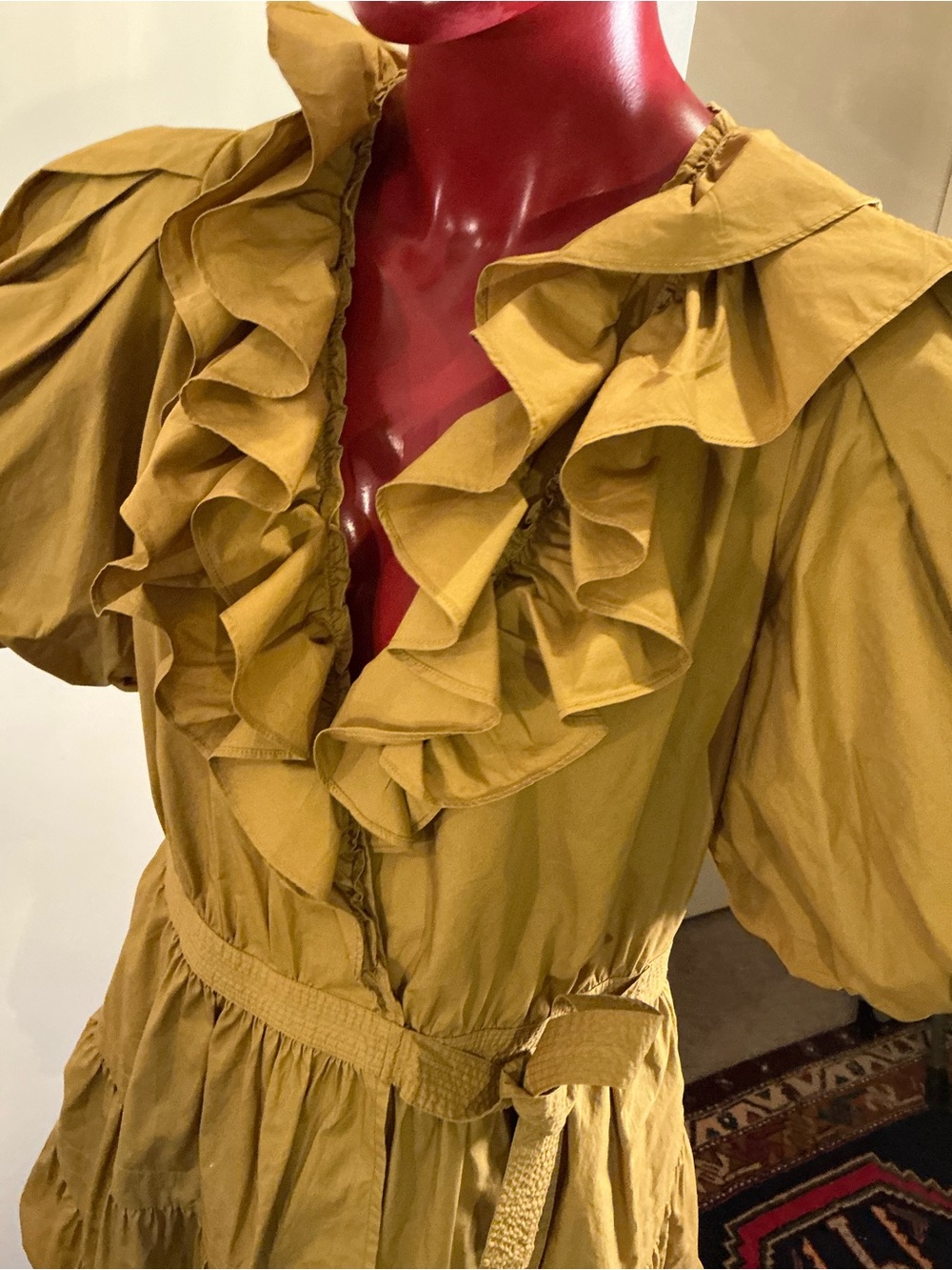 ULLA JOHNSON “MAUDE” Mustard Ruffle V-Neck Mini Dress Women Sz 8 - Picture 13 of 17